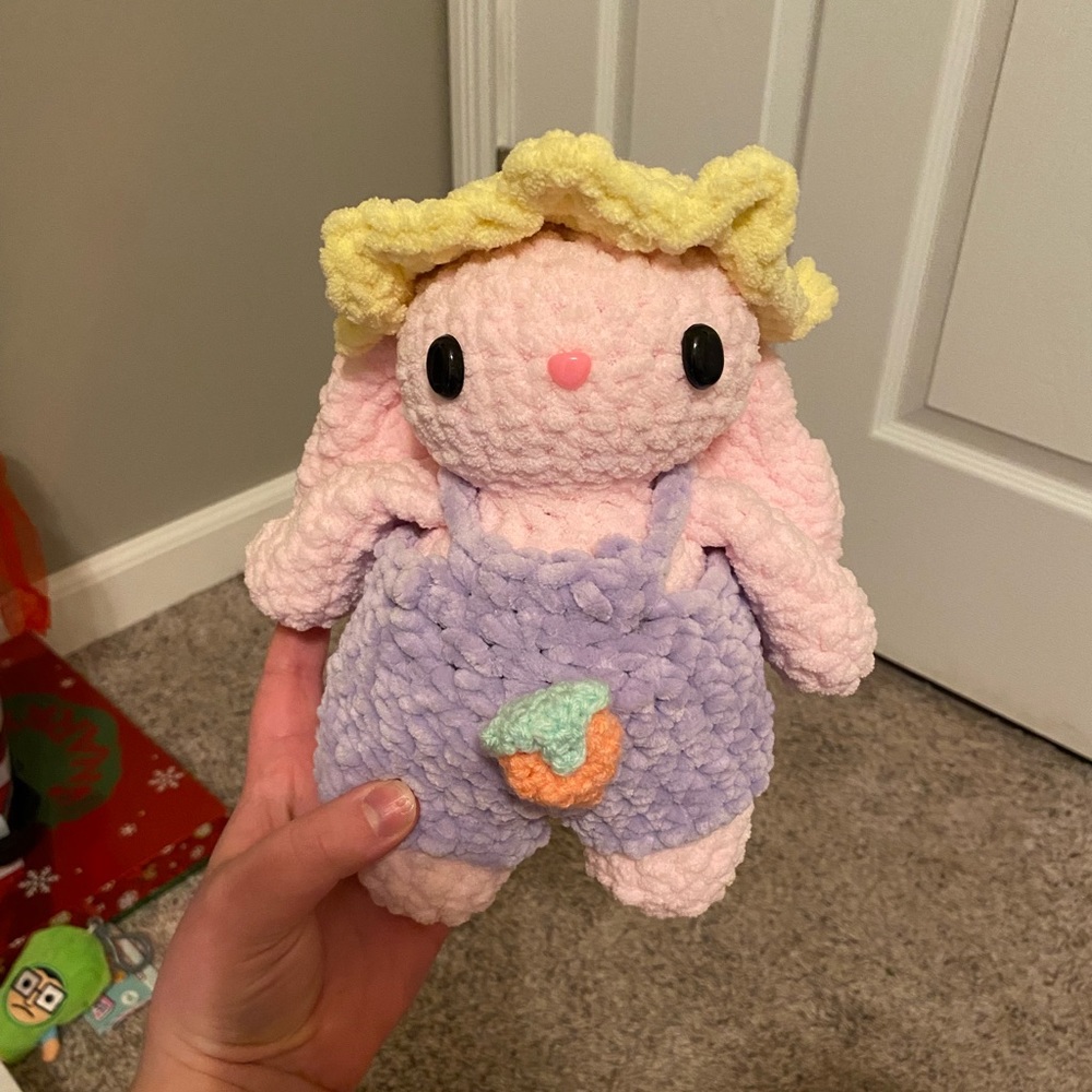 kawaii plush easter bunny in overalls and bucket hat